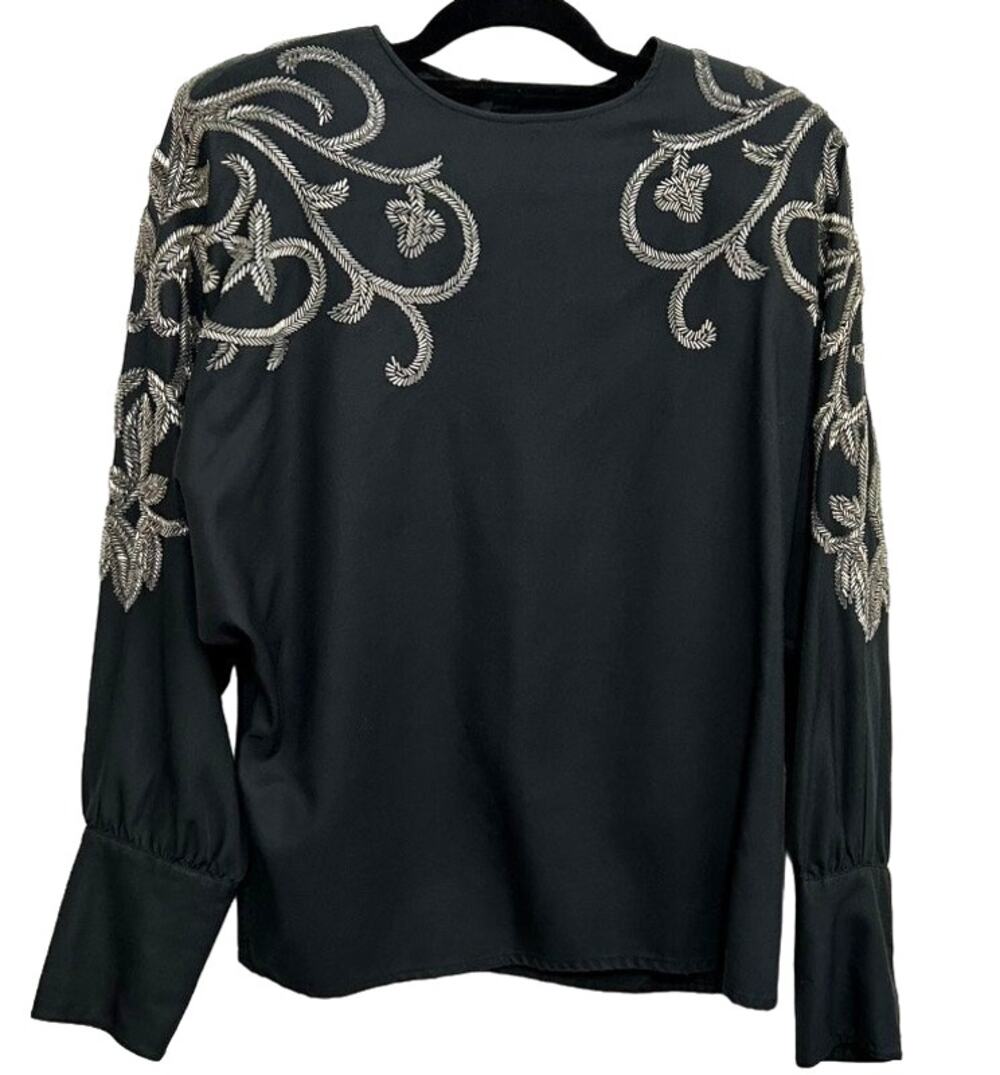 Bonnie Boerer Unlimited 80s Silk Bugle Bead Blouse L Black Silver Scrollwork